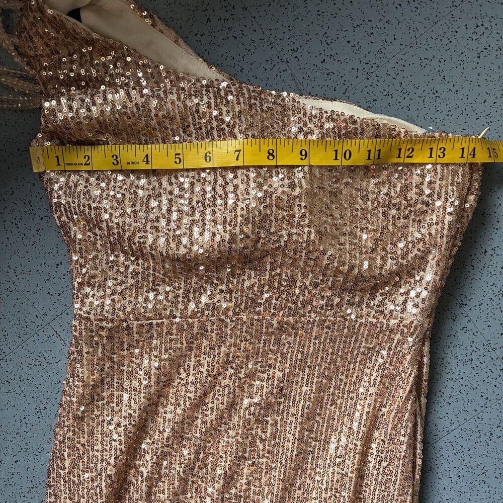 Kalinnu Beaded Shoulder Sequin Gown Rose Gold Draped Formal Dress Slit L Wedding - Picture 13 of 13